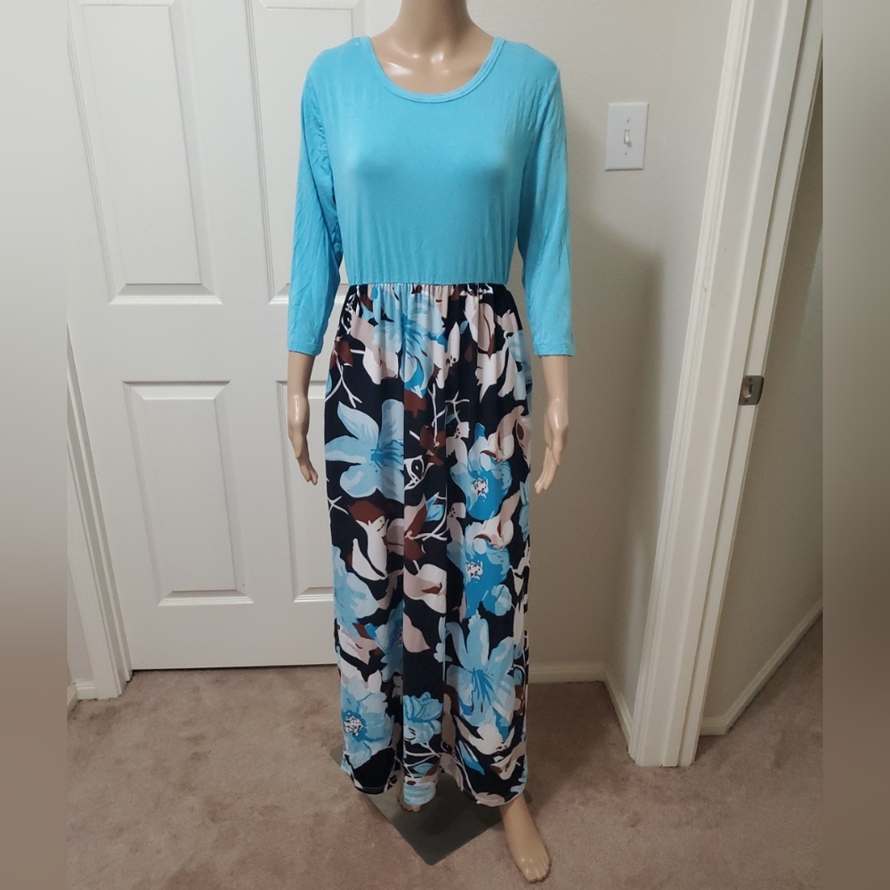 WNEEDU L aqua blue quarter sleeve scoopneck maxi floral skirt pockets